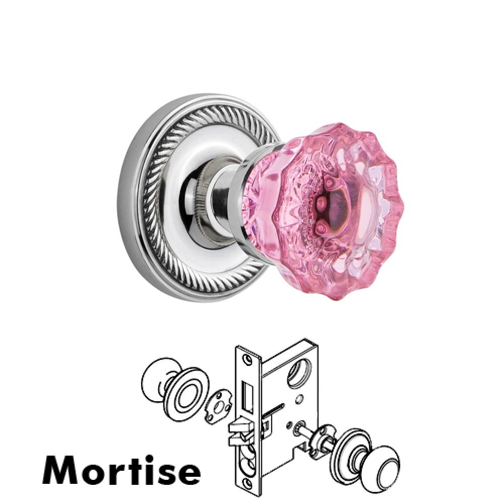 Nostalgic Warehouse - Mortise - Rope Rose Crystal Pink Glass Door Knob in Bright Chrome