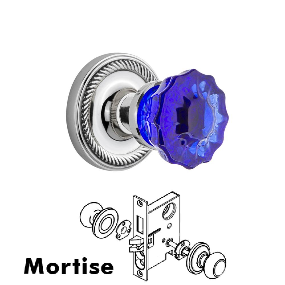 Nostalgic Warehouse - Mortise - Rope Rose Crystal Cobalt Glass Door Knob in Bright Chrome