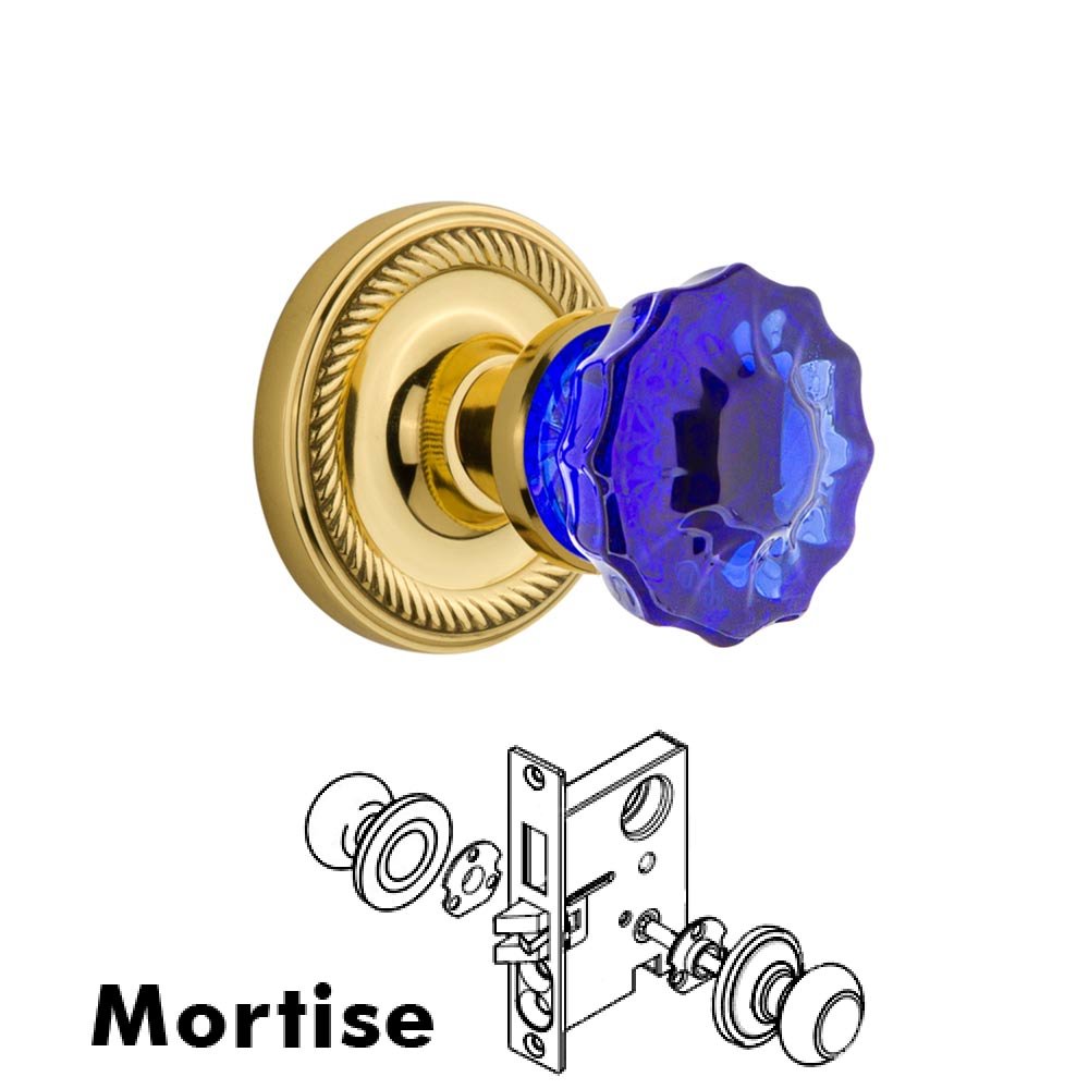 Nostalgic Warehouse - Mortise - Rope Rose Crystal Cobalt Glass Door Knob in Polished Brass