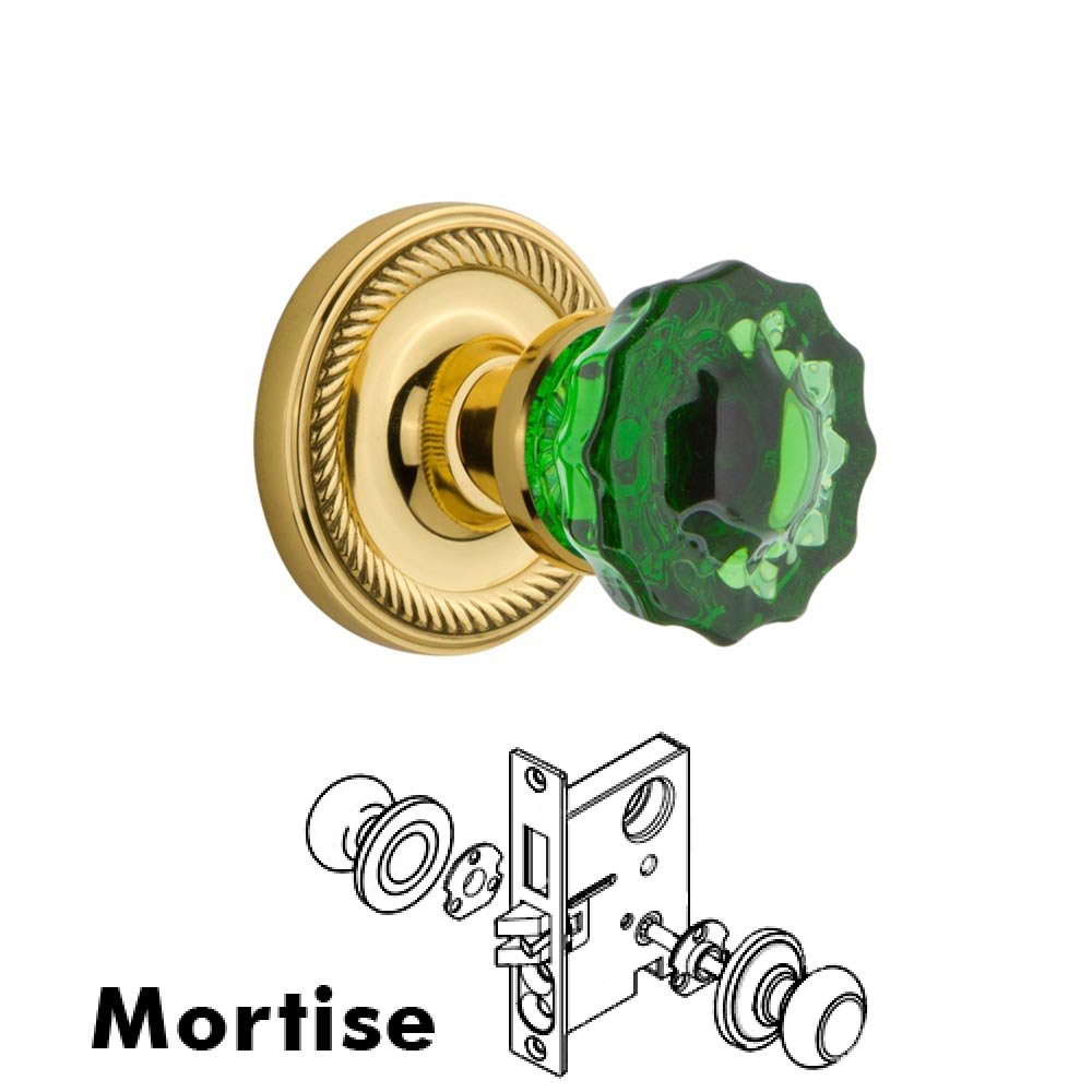 Nostalgic Warehouse - Mortise - Rope Rose Crystal Emerald Glass Door Knob in Polished Brass