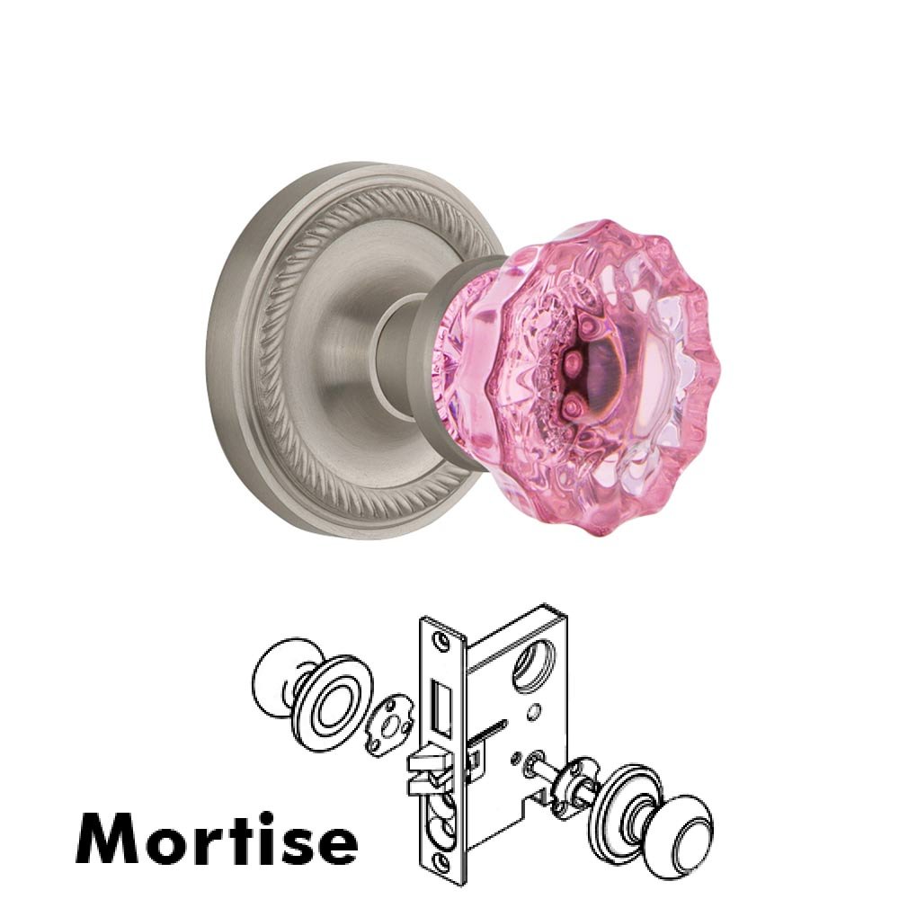 Nostalgic Warehouse - Mortise - Rope Rose Crystal Pink Glass Door Knob in Satin Nickel