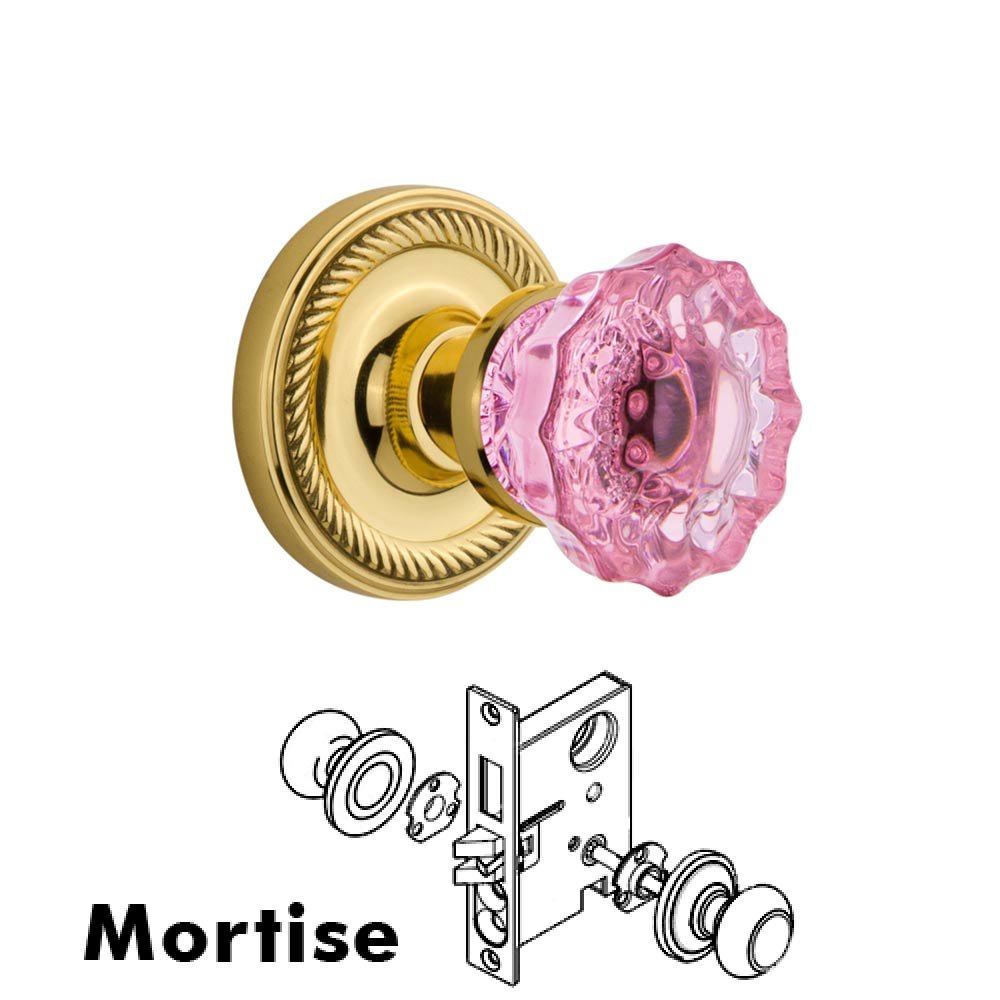 Nostalgic Warehouse - Mortise - Rope Rose Crystal Pink Glass Door Knob in Unlaquered Brass