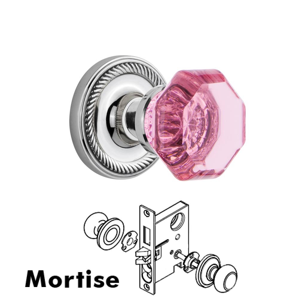 Nostalgic Warehouse - Mortise - Rope Rose Waldorf Pink Door Knob in Bright Chrome