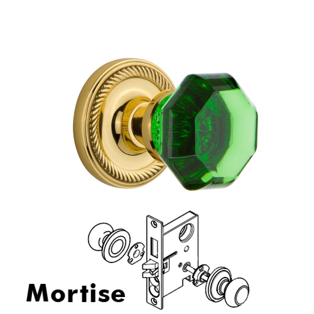 Nostalgic Warehouse - Mortise - Rope Rose Waldorf Emerald Door Knob in Polished Brass