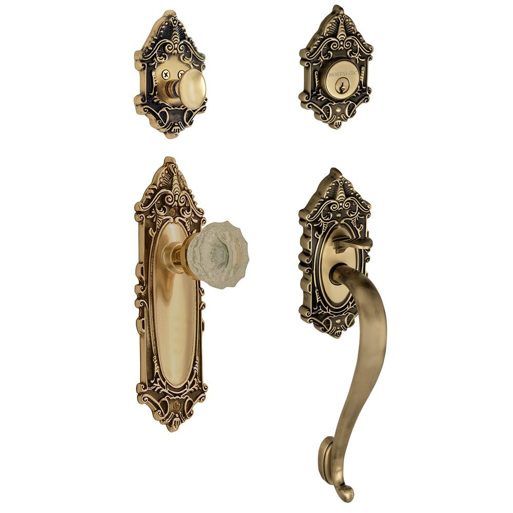 Handleset - Victorian with "S" Grip and Crystal Knob in Antique Brass and Vintage Brass