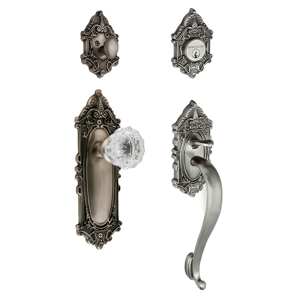 Handleset - Victorian with "S" Grip and Crystal Knob in Antique Pewter