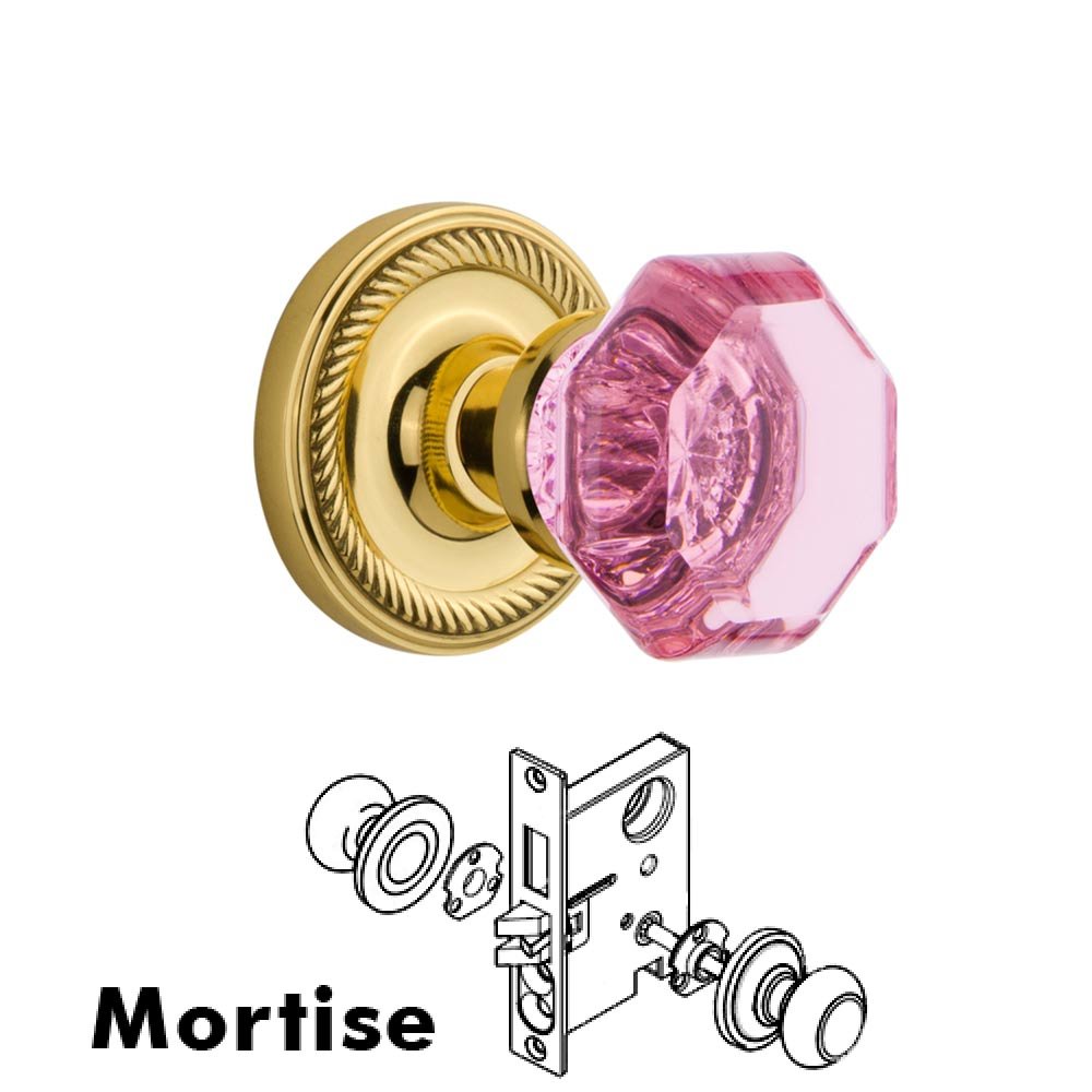 Nostalgic Warehouse - Mortise - Rope Rose Waldorf Pink Door Knob in Unlaquered Brass