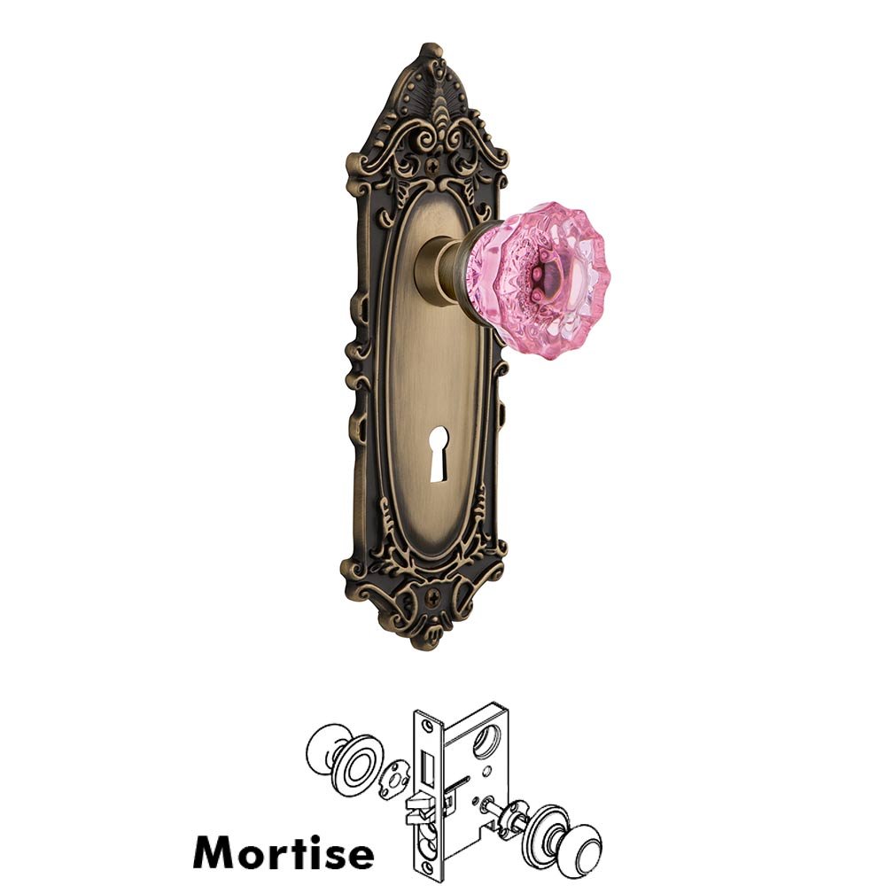 Nostalgic Warehouse - Mortise - Victorian Plate Crystal Pink Glass Door Knob in Antique Brass