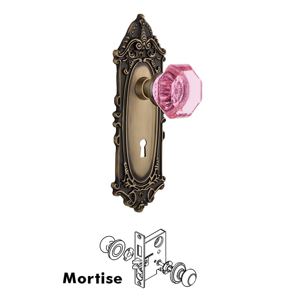 Nostalgic Warehouse - Mortise - Victorian Plate Waldorf Pink Door Knob in Unlaquered Brass