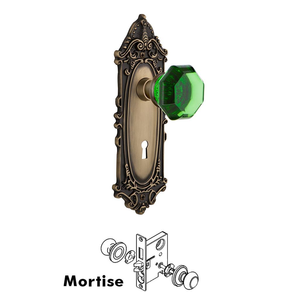 Nostalgic Warehouse - Mortise - Victorian Plate Waldorf Emerald Door Knob in Polished Brass