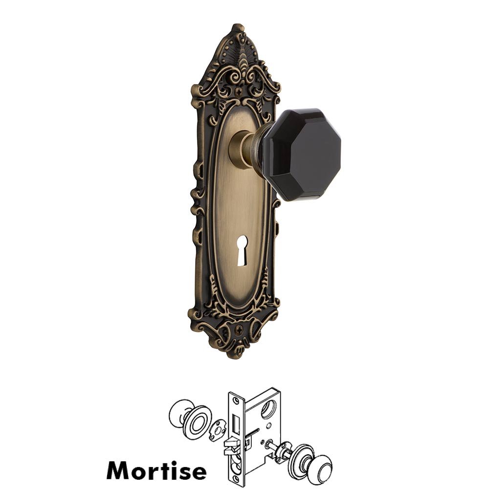 Nostalgic Warehouse - Mortise - Victorian Plate Waldorf Black Door Knob in Polished Brass