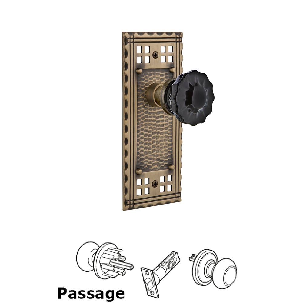 Passage Craftsman Plate Crystal Black Glass Door Knob in Antique Brass