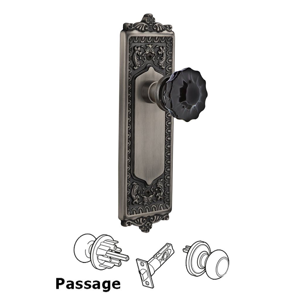 Nostalgic Warehouse - Passage - Egg & Dart Plate Crystal Black Glass Door Knob in Antique Pewter