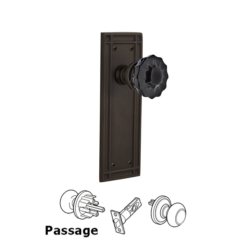 Nostalgic Warehouse - Passage - Mission Plate Crystal Black Glass Door Knob in Oil-Rubbed Bronze