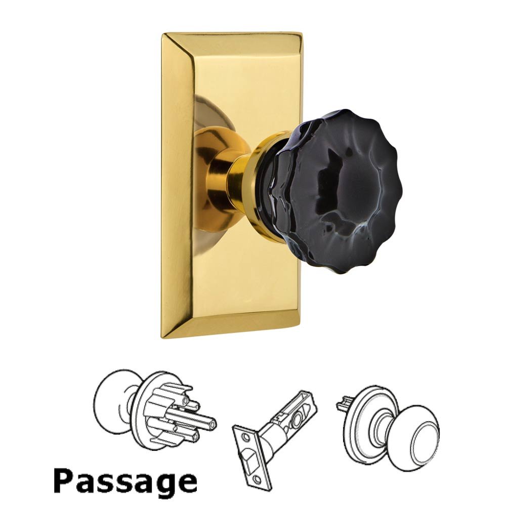 Nostalgic Warehouse - Passage - Studio Plate Crystal Black Glass Door Knob in Polished Brass