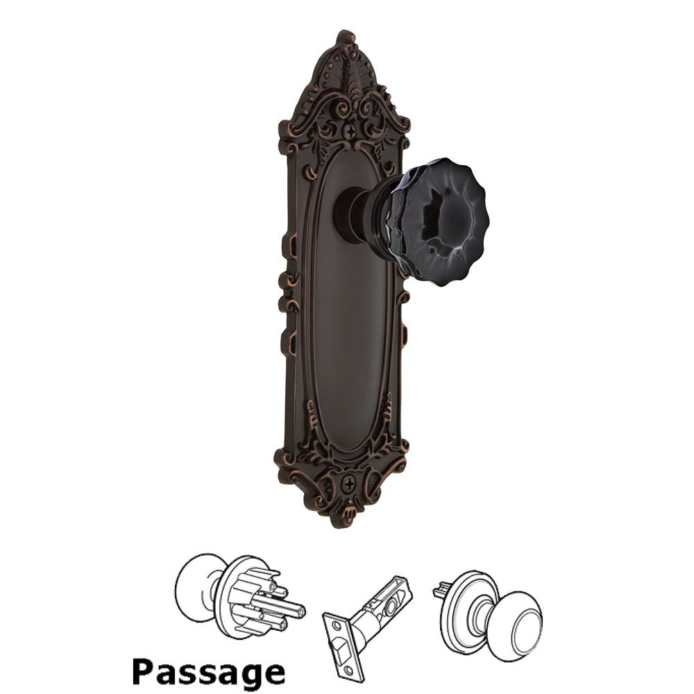 Nostalgic Warehouse - Passage - Victorian Plate Crystal Black Glass Door Knob in Timeless Bronze