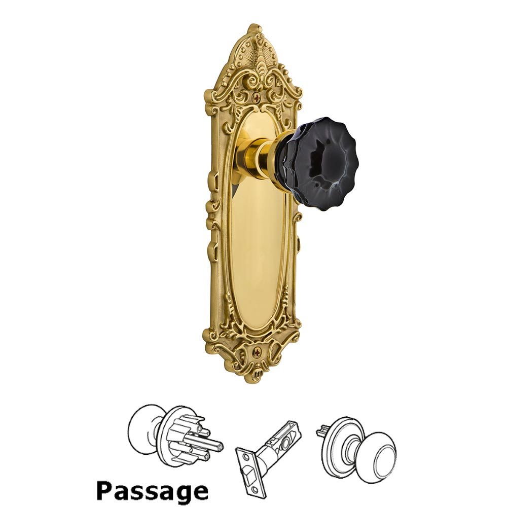 Nostalgic Warehouse - Passage - Victorian Plate Crystal Black Glass Door Knob in Unlaquered Brass