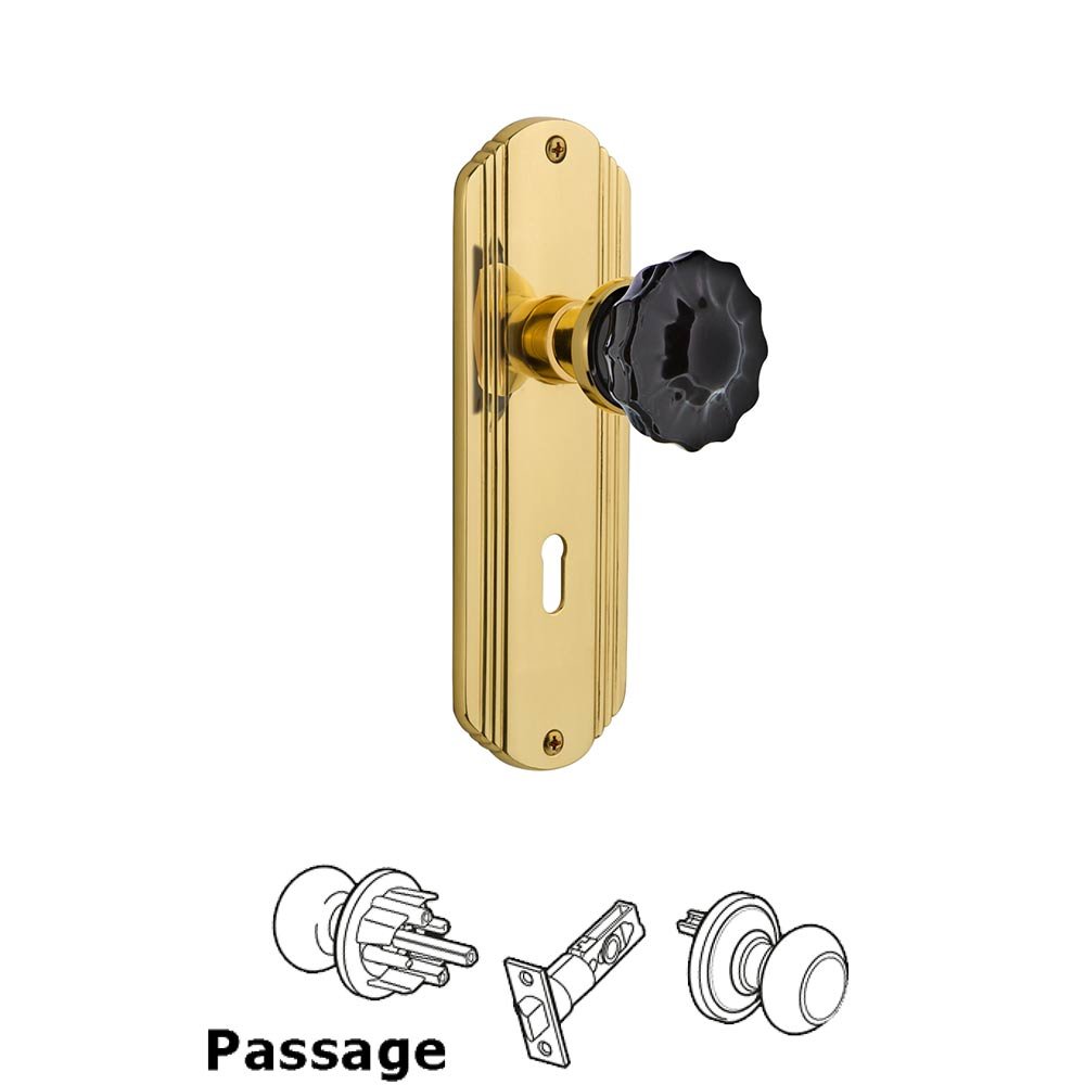 Nostalgic Warehouse - Passage - Deco Plate with Keyhole Crystal Black Glass Door Knob in Polished Brass