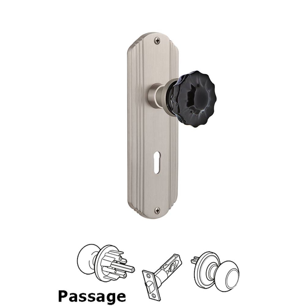 Nostalgic Warehouse - Passage - Deco Plate with Keyhole Crystal Black Glass Door Knob in Satin Nickel