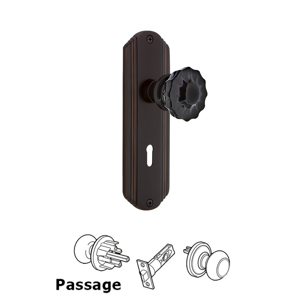Nostalgic Warehouse - Passage - Deco Plate with Keyhole Crystal Black Glass Door Knob in Timeless Bronze