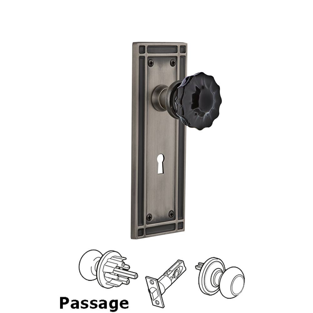 Nostalgic Warehouse - Passage - Mission Plate with Keyhole Crystal Black Glass Door Knob in Antique Pewter