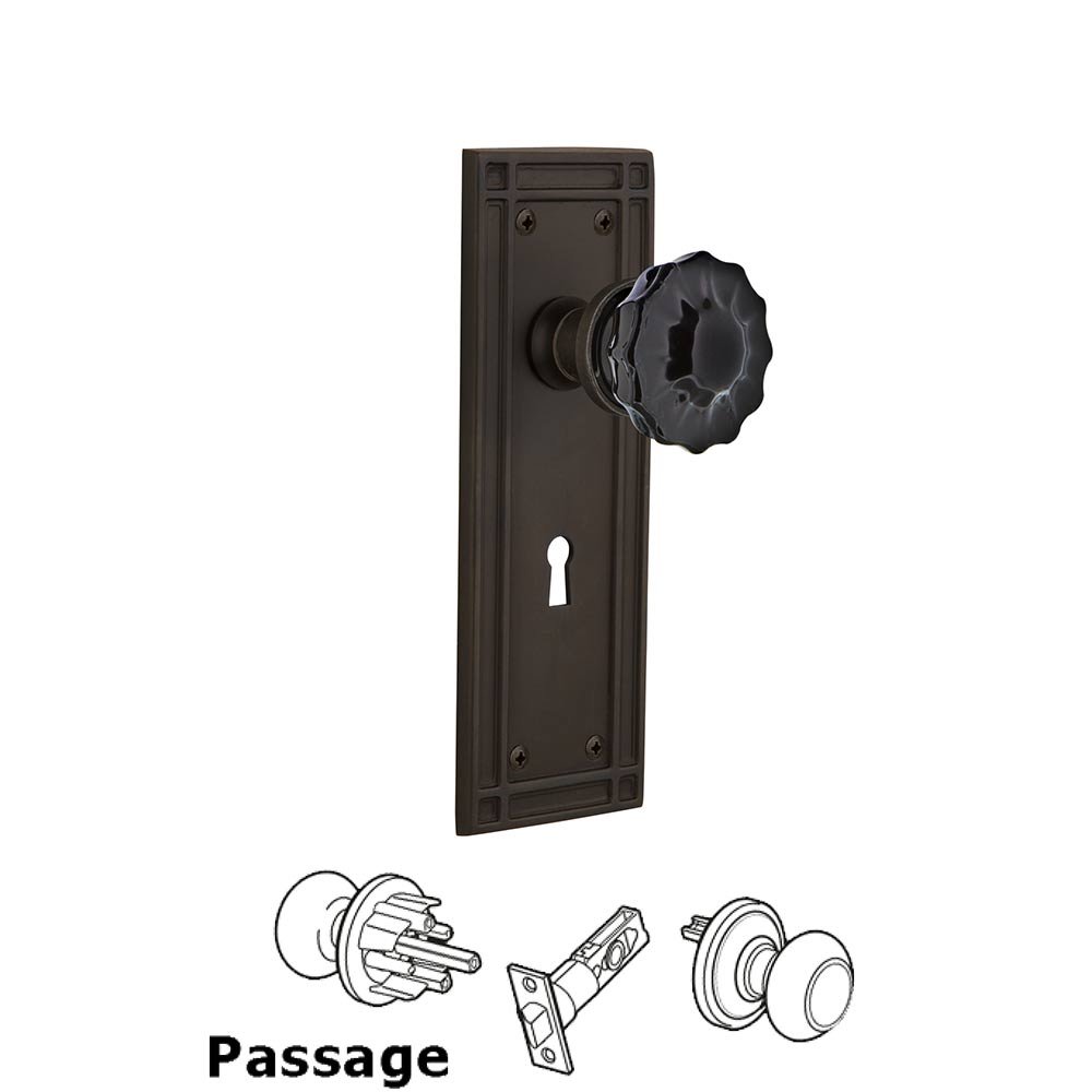 Nostalgic Warehouse - Passage - Mission Plate with Keyhole Crystal Black Glass Door Knob in Oil-Rubbed Bronze