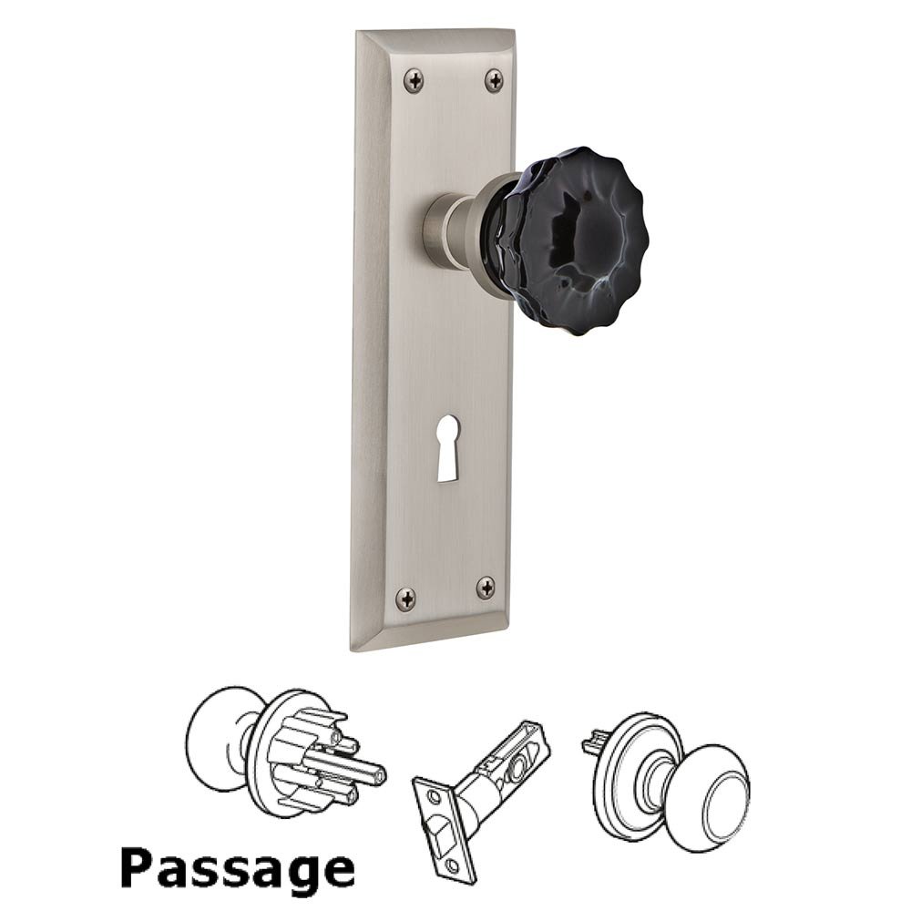 Nostalgic Warehouse - Passage - New York Plate with Keyhole Crystal Black Glass Door Knob in Timeless Bronze