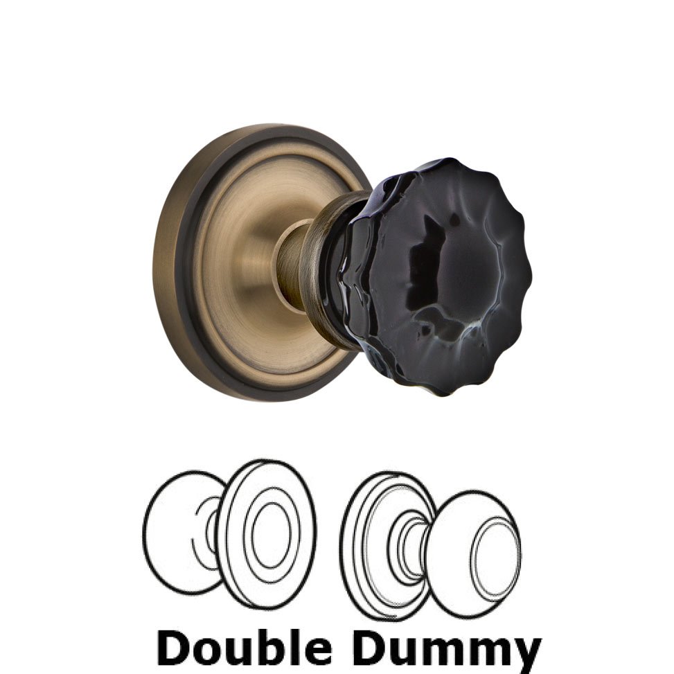Double Dummy Classic Rose Crystal Black Glass Door Knob in Antique Brass