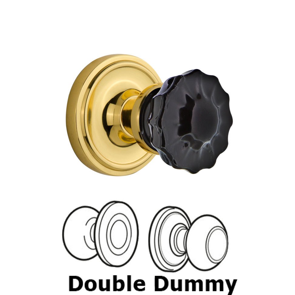 Double Dummy Classic Rose Crystal Black Glass Door Knob in Unlaquered Brass