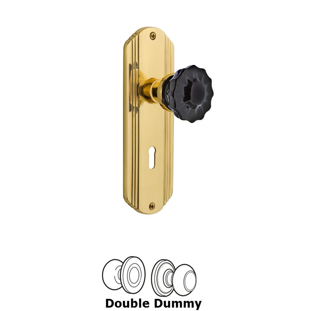 Nostalgic Warehouse - Double Dummy - Deco Plate with Keyhole Crystal Black Glass Door Knob in Polished Brass