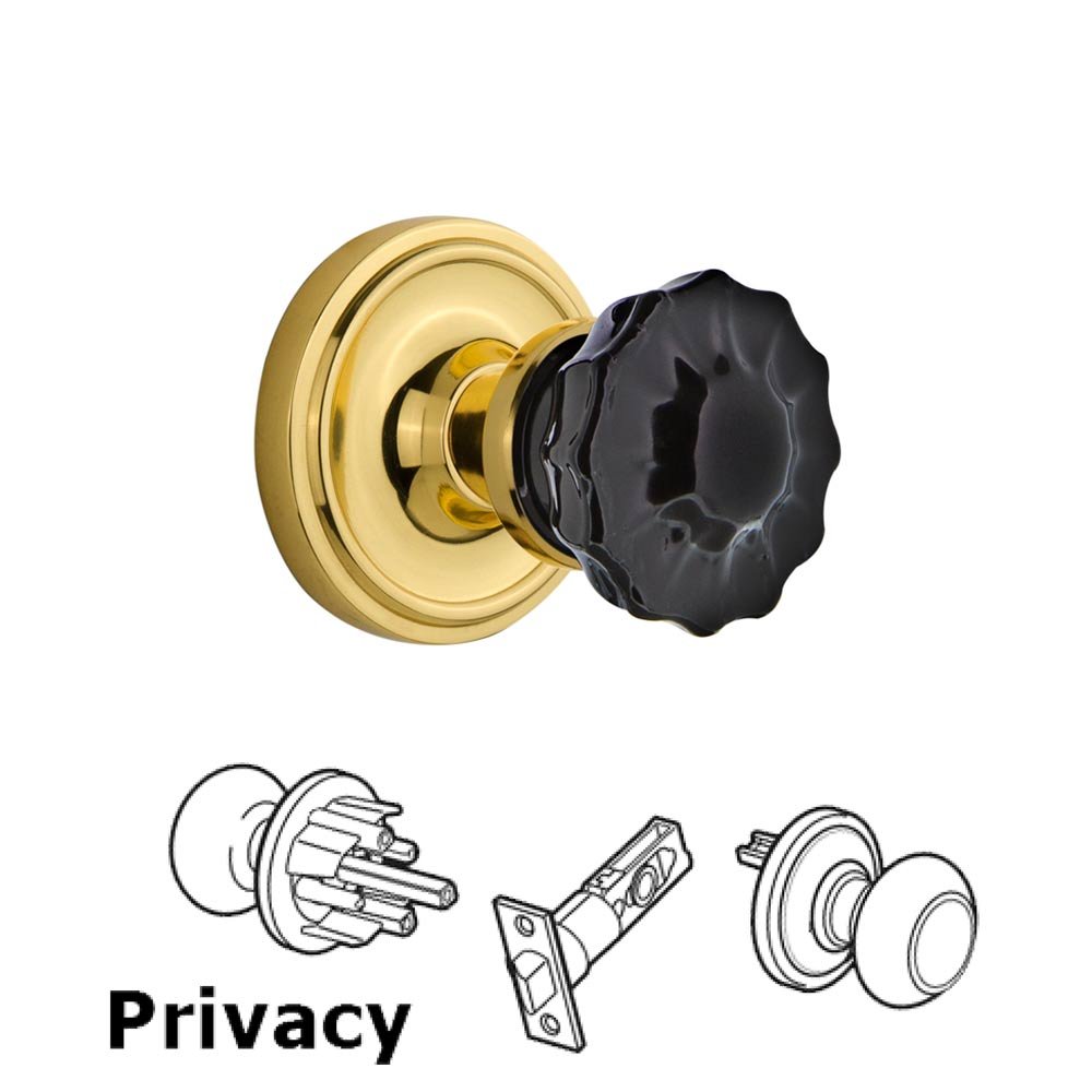 Nostalgic Warehouse - Privacy - Classic Rose Crystal Black Glass Door Knob in Unlaquered Brass