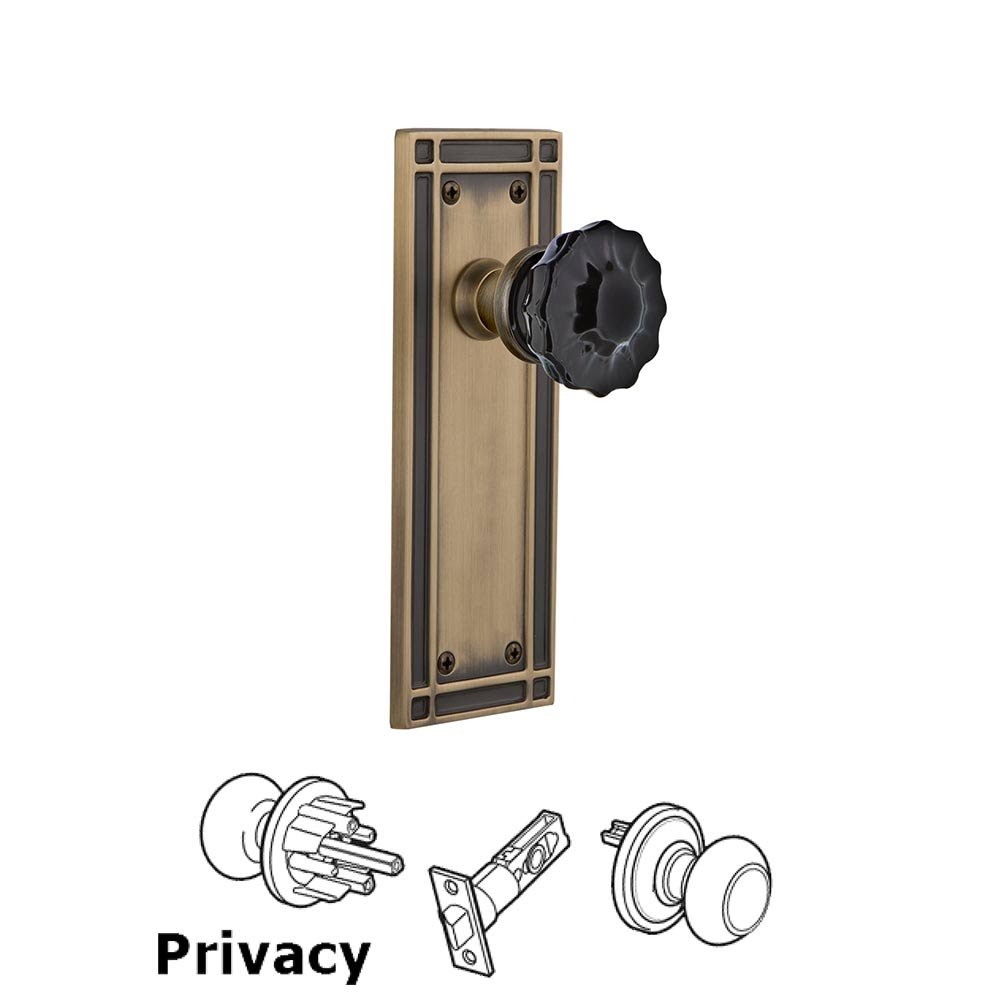 Nostalgic Warehouse - Privacy - Mission Plate Crystal Black Glass Door Knob in Antique Brass