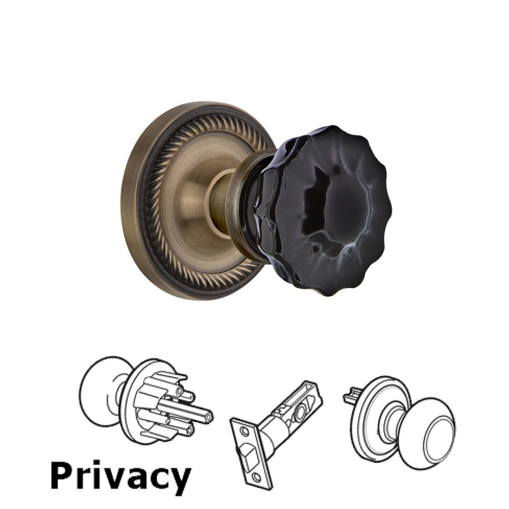 Nostalgic Warehouse - Privacy - Rope Rose Crystal Black Glass Door Knob in Oil-Rubbed Bronze