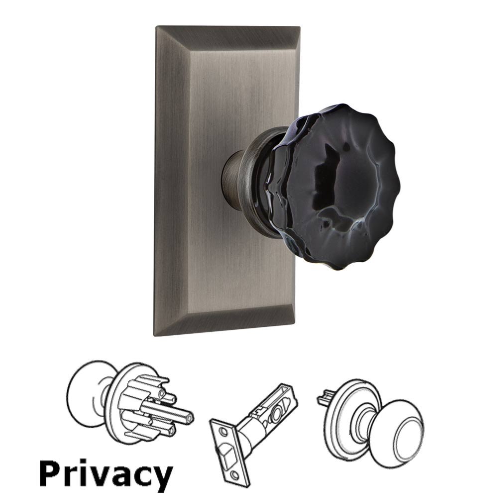 Nostalgic Warehouse - Privacy - Studio Plate Crystal Black Glass Door Knob in Antique Pewter