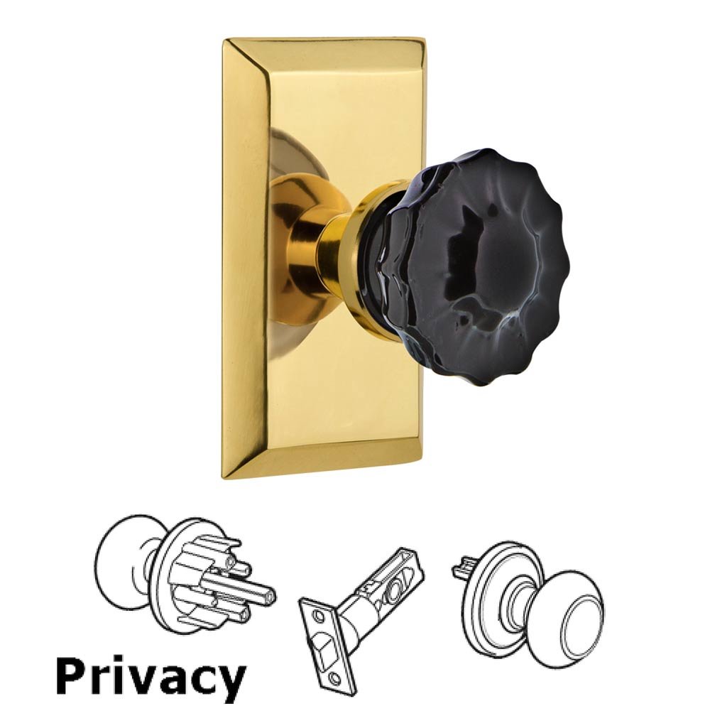 Nostalgic Warehouse - Privacy - Studio Plate Crystal Black Glass Door Knob in Polished Brass