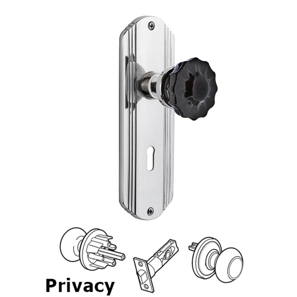 Nostalgic Warehouse - Privacy - Deco Plate with Keyhole Crystal Black Glass Door Knob in Bright Chrome