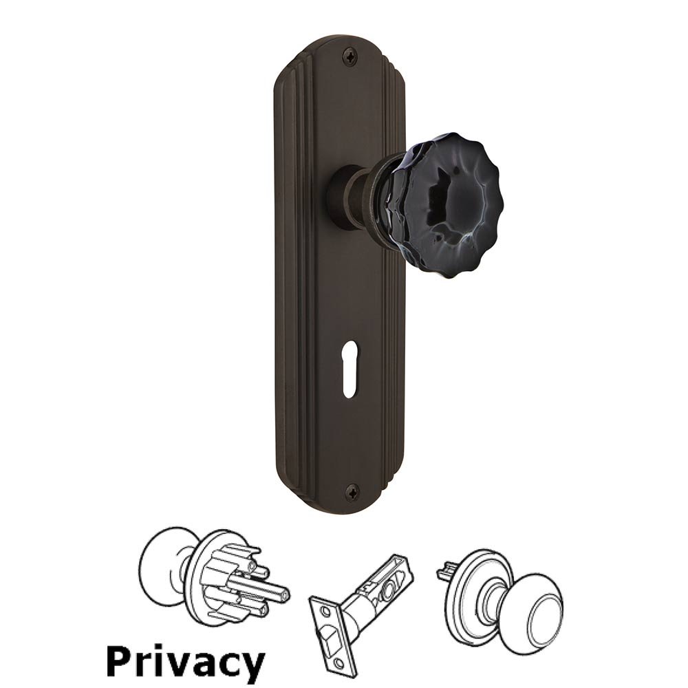 Nostalgic Warehouse - Privacy - Deco Plate with Keyhole Crystal Black Glass Door Knob in Oil-Rubbed Bronze