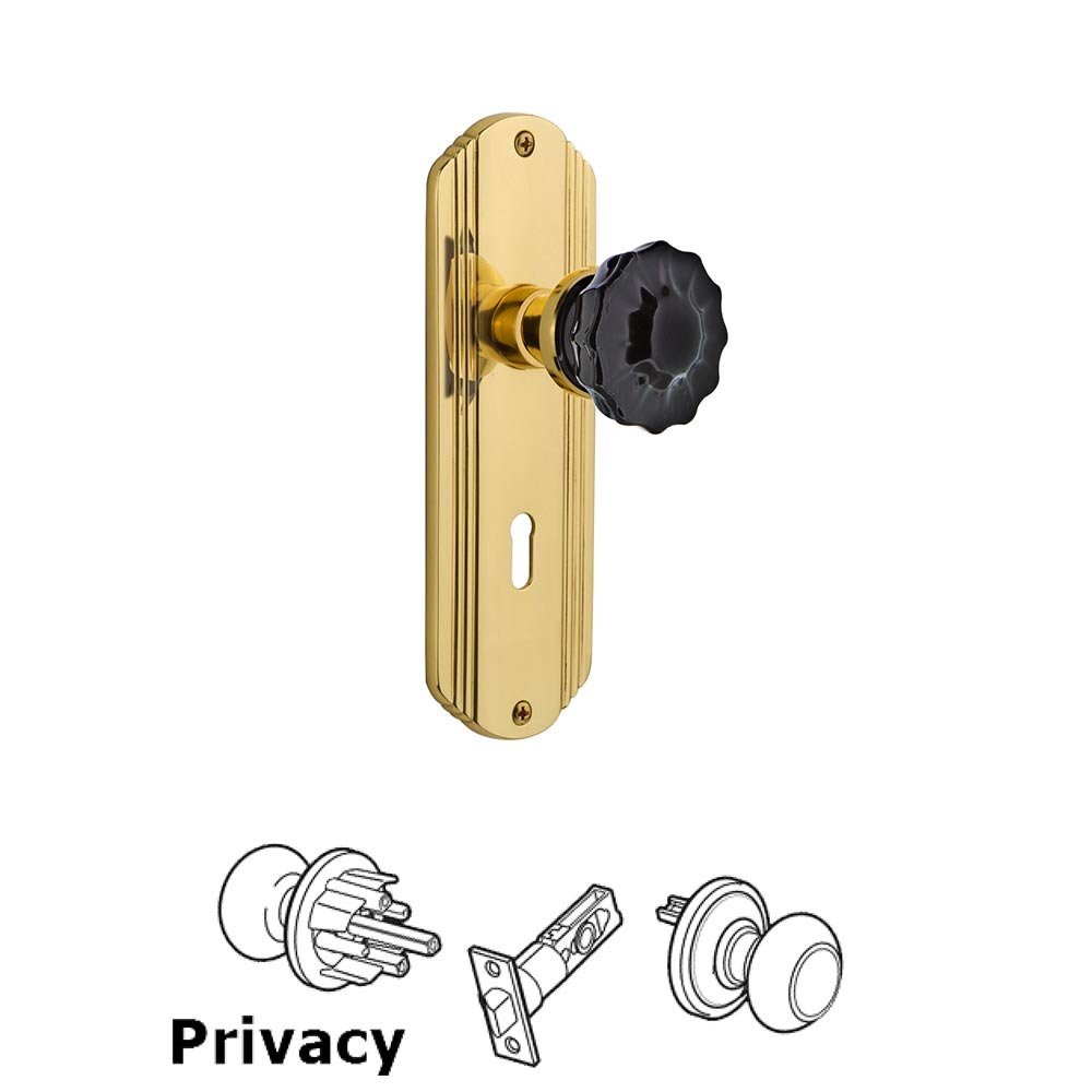 Nostalgic Warehouse - Privacy - Deco Plate with Keyhole Crystal Black Glass Door Knob in Unlaquered Brass
