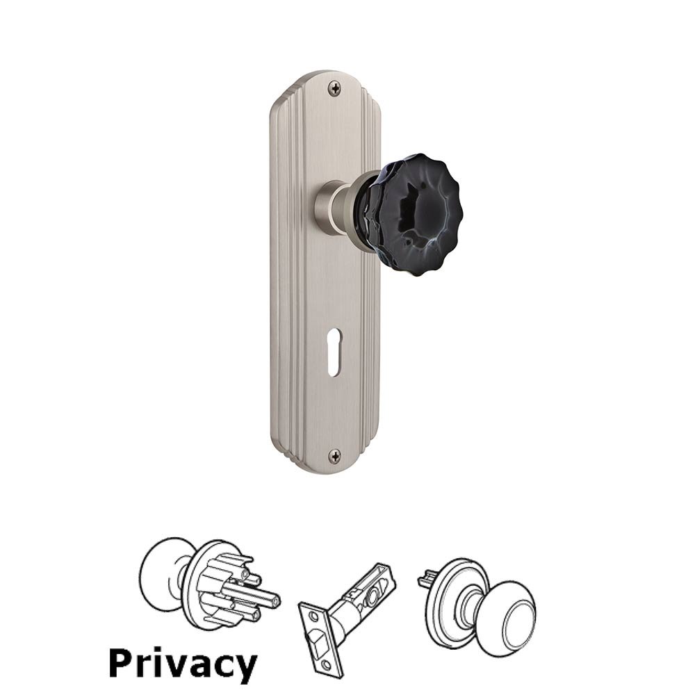 Nostalgic Warehouse - Privacy - Deco Plate with Keyhole Crystal Black Glass Door Knob in Satin Nickel