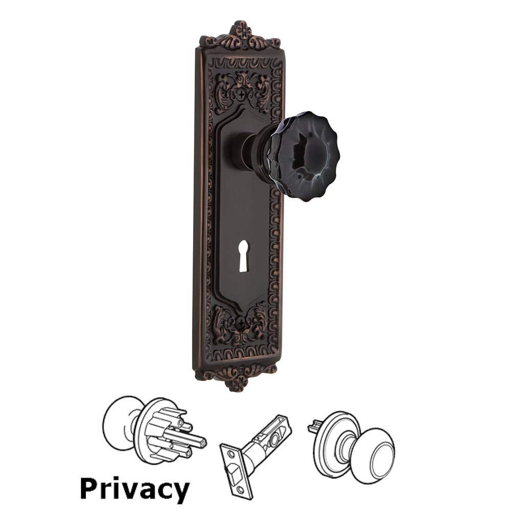 Nostalgic Warehouse - Privacy - Egg & Dart Plate with Keyhole Crystal Black Glass Door Knob in Timeless Bronze