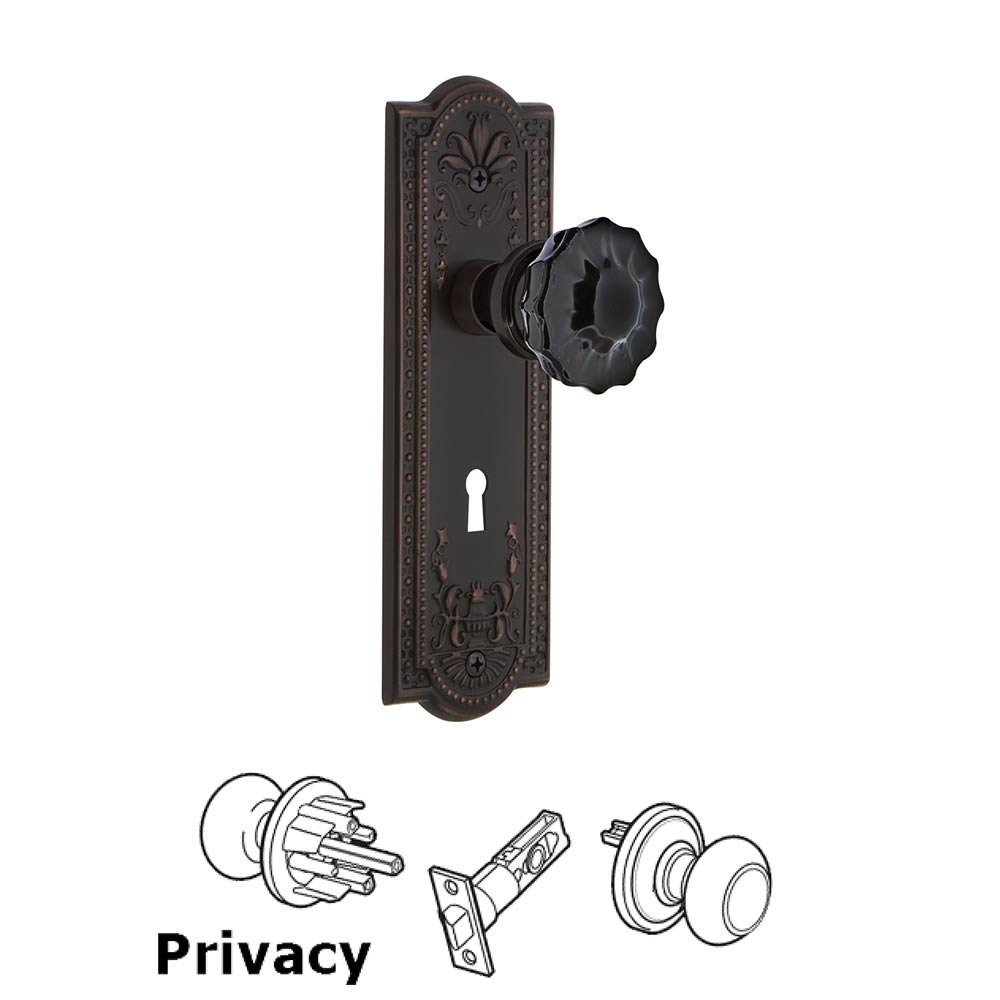 Nostalgic Warehouse - Privacy - Meadows Plate with Keyhole Crystal Black Glass Door Knob in Timeless Bronze