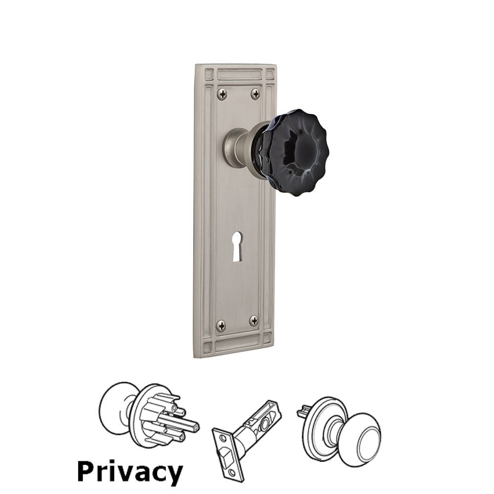 Nostalgic Warehouse - Privacy - Mission Plate with Keyhole Crystal Black Glass Door Knob in Satin Nickel