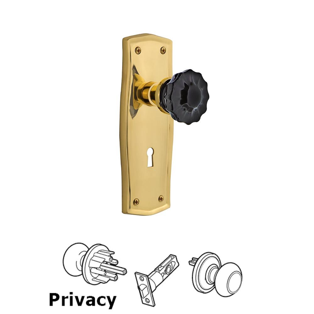 Nostalgic Warehouse - Privacy - Prairie Plate with Keyhole Crystal Black Glass Door Knob in Polished Brass