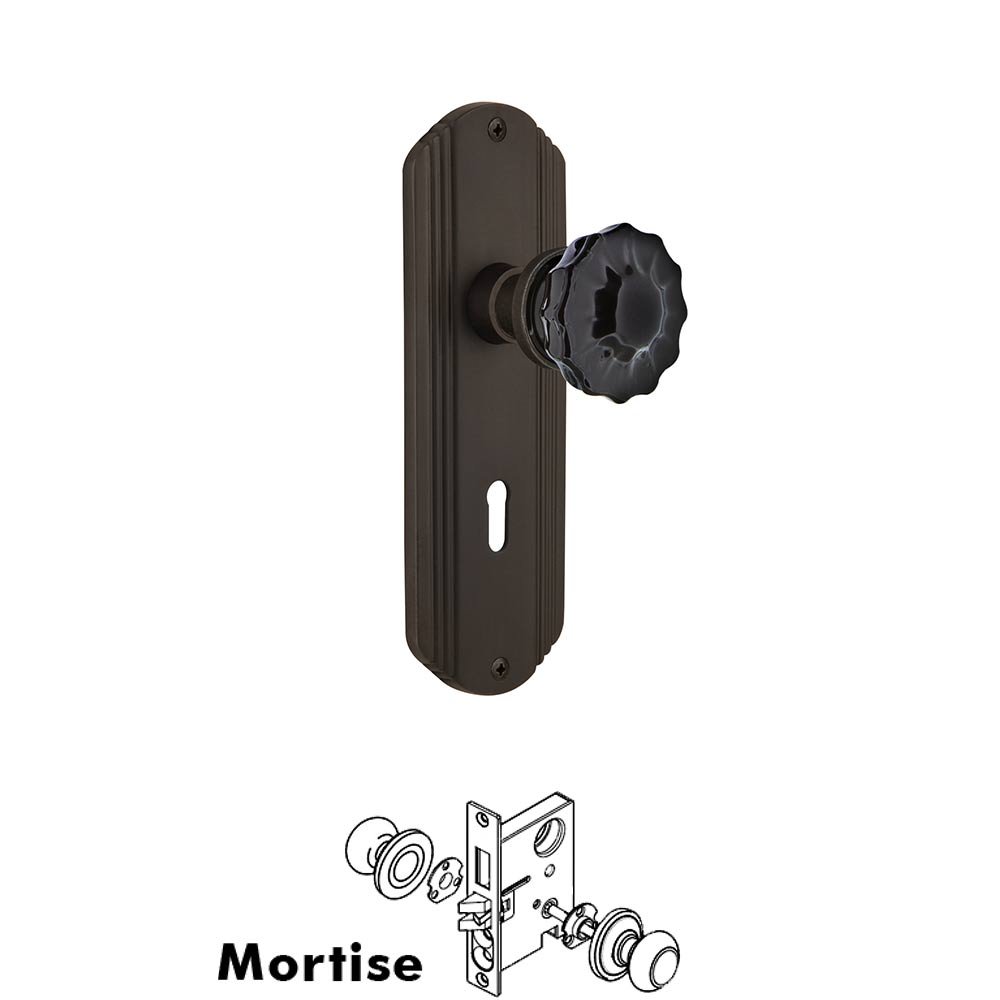 Nostalgic Warehouse - Mortise - Deco Plate Crystal Black Glass Door Knob in Oil-Rubbed Bronze