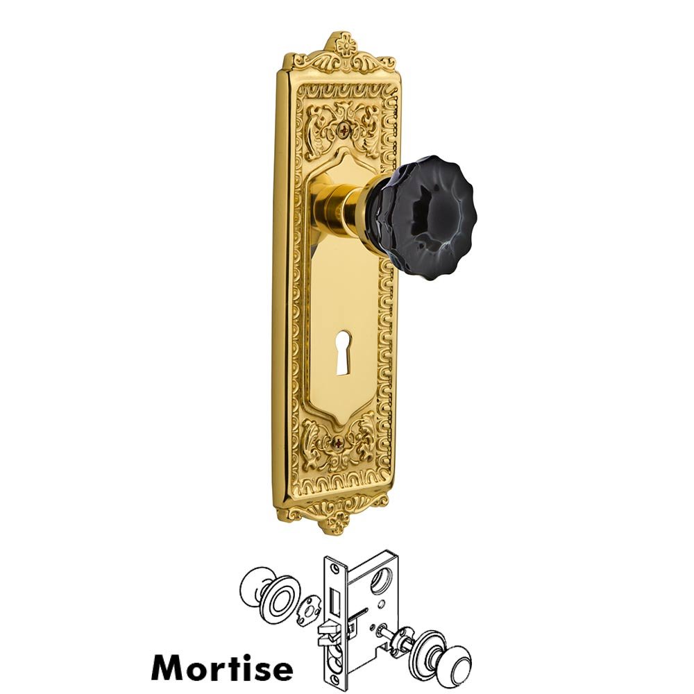 Nostalgic Warehouse - Mortise - Egg & Dart Plate Crystal Black Glass Door Knob in Polished Brass