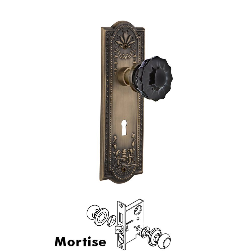 Nostalgic Warehouse - Mortise - Meadows Plate Crystal Black Glass Door Knob in Antique Brass