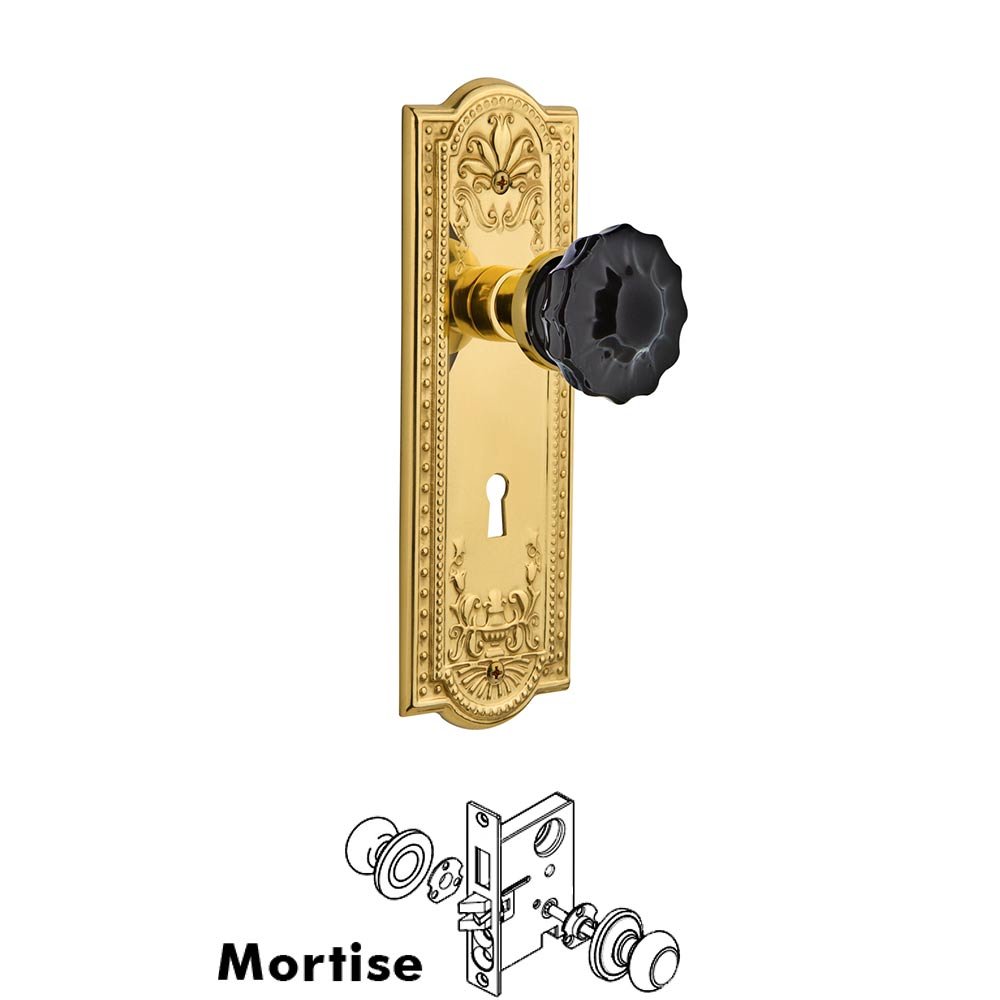 Nostalgic Warehouse - Mortise - Meadows Plate Crystal Black Glass Door Knob in Polished Brass