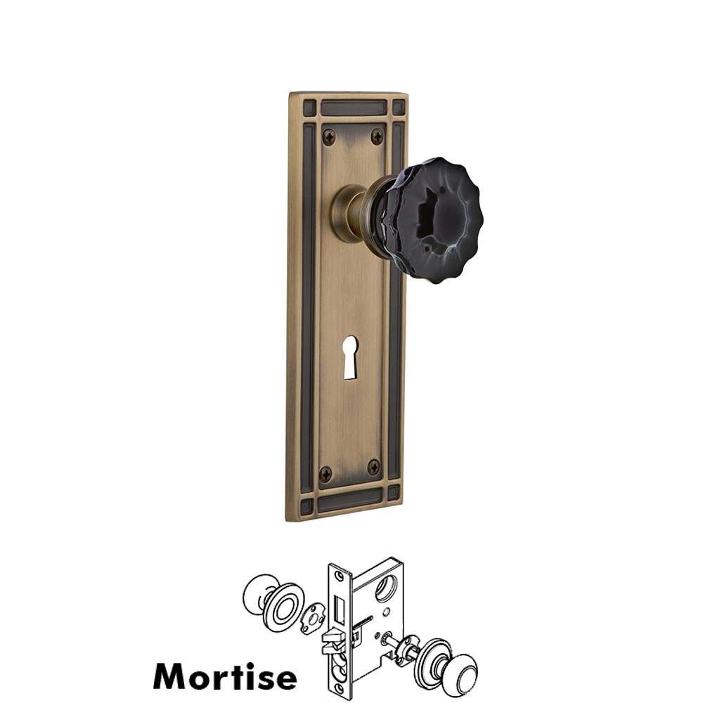 Nostalgic Warehouse - Mortise - Mission Plate Crystal Black Glass Door Knob in Antique Brass