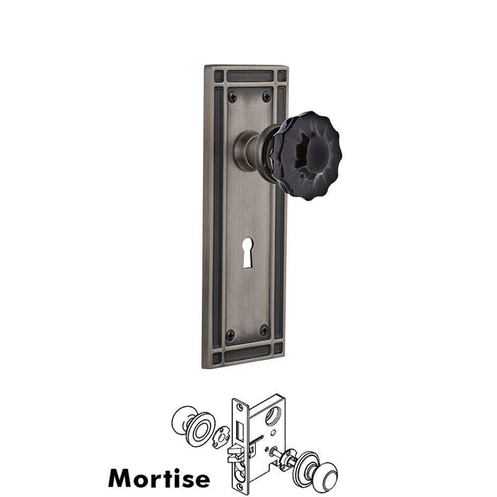 Nostalgic Warehouse - Mortise - Mission Plate Crystal Black Glass Door Knob in Antique Pewter