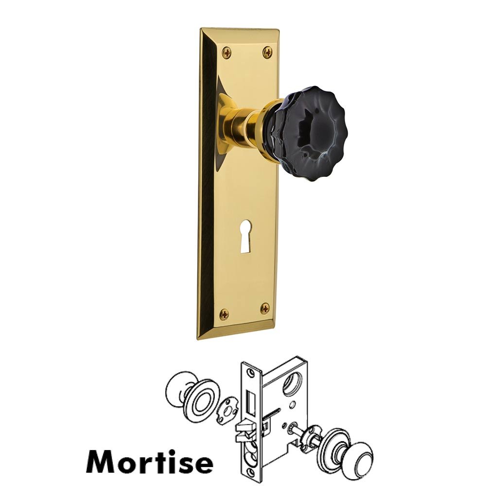 Nostalgic Warehouse - Mortise - New York Plate Crystal Black Glass Door Knob in Polished Brass